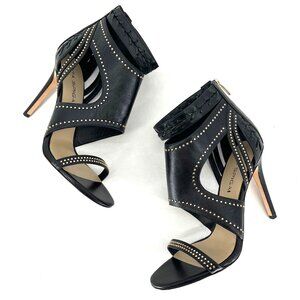 Via Spiga Taletha Open-Toe Leather Black Heels Sz 8.5 Caged Stilettos Gold Studs